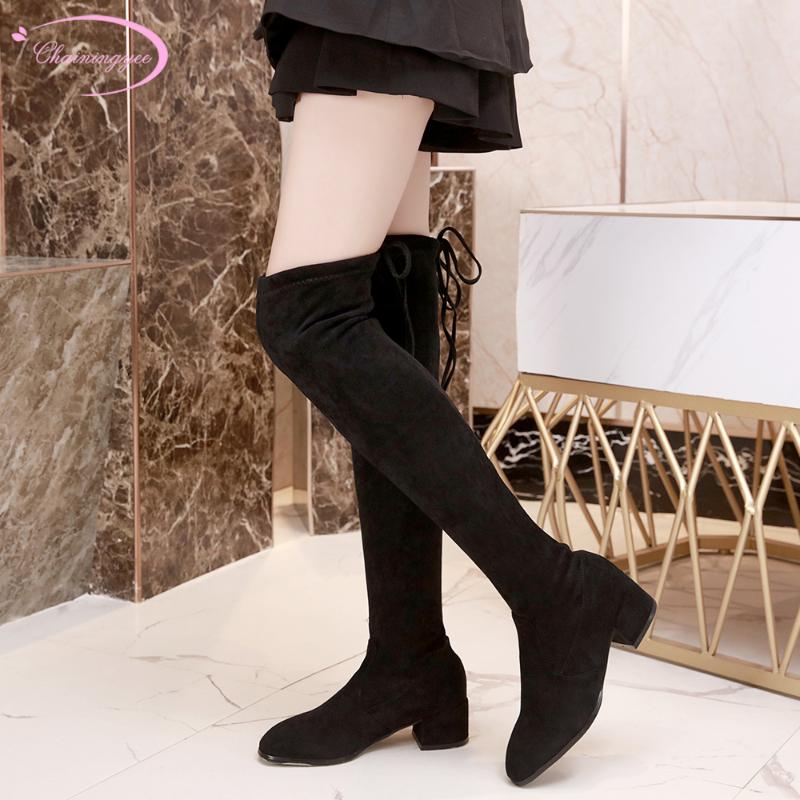 

Casual style comfortable round toe flock over knee boots fashion lace-on slip-on medium with chunky riding boots women's shoes, Black