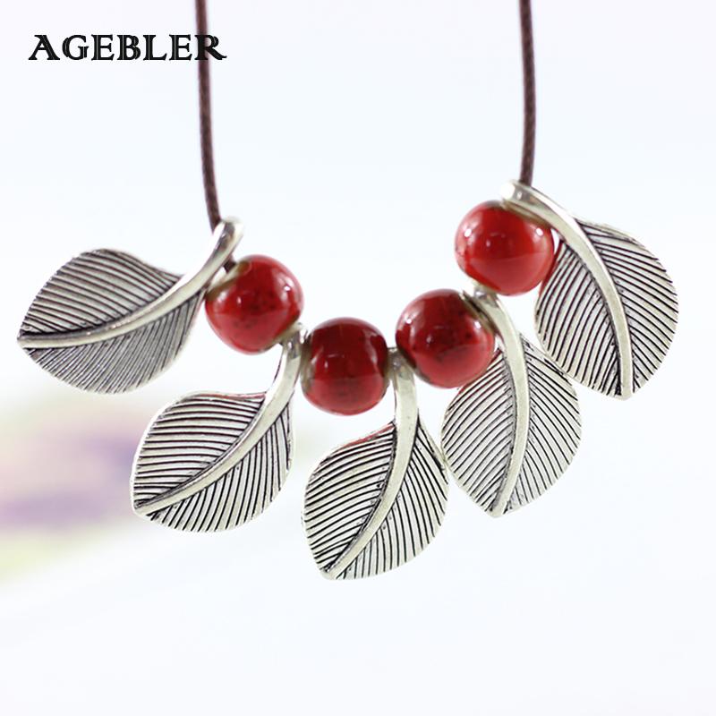 

Fashion Ceramic Necklace Jewelry Temperament Colored Glaze Red Bead Chain Zinc Alloy Leaves Clavicle Accessories for Women Girl