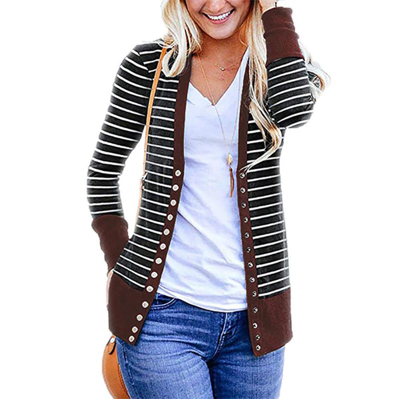 

Women Casual Concise Long Sleeve Striped Cardian V Neck Button Down Open Front Ribbed Cardigan Knitwear Spring Autumn, Blue
