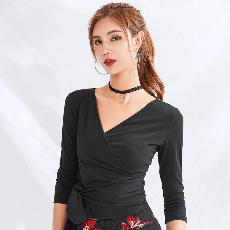

Latin Dance Tops Women V Collar Tango Cha Cha Samba Practice Dance Wear Black Mid-Sleeve Salsa Rumba Performance Outfit DC2802