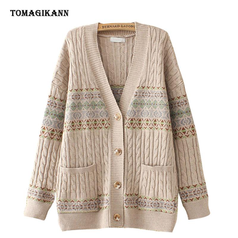 

Women Jacquard Cardigan Vintage V Neck Full Sleeve Plus Size Female Sweaters 2021 Autumn Winter Ethnic style Pockets Outerwear, Blue
