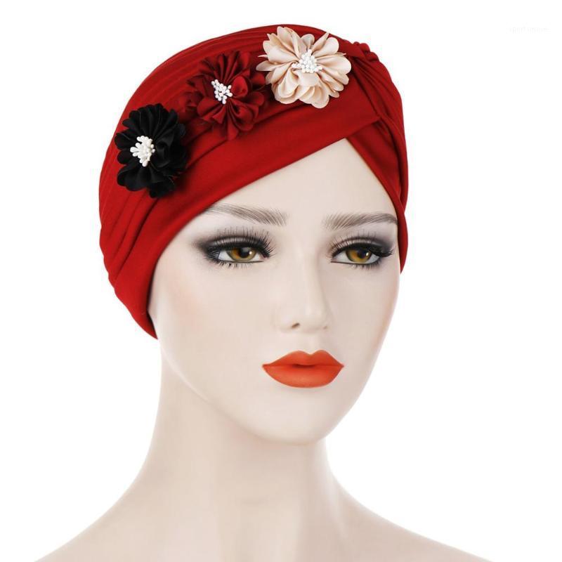 

New Three Little Flowers Hat Fashion Street Style Folded Headdress Muslim Turban Hat1, White