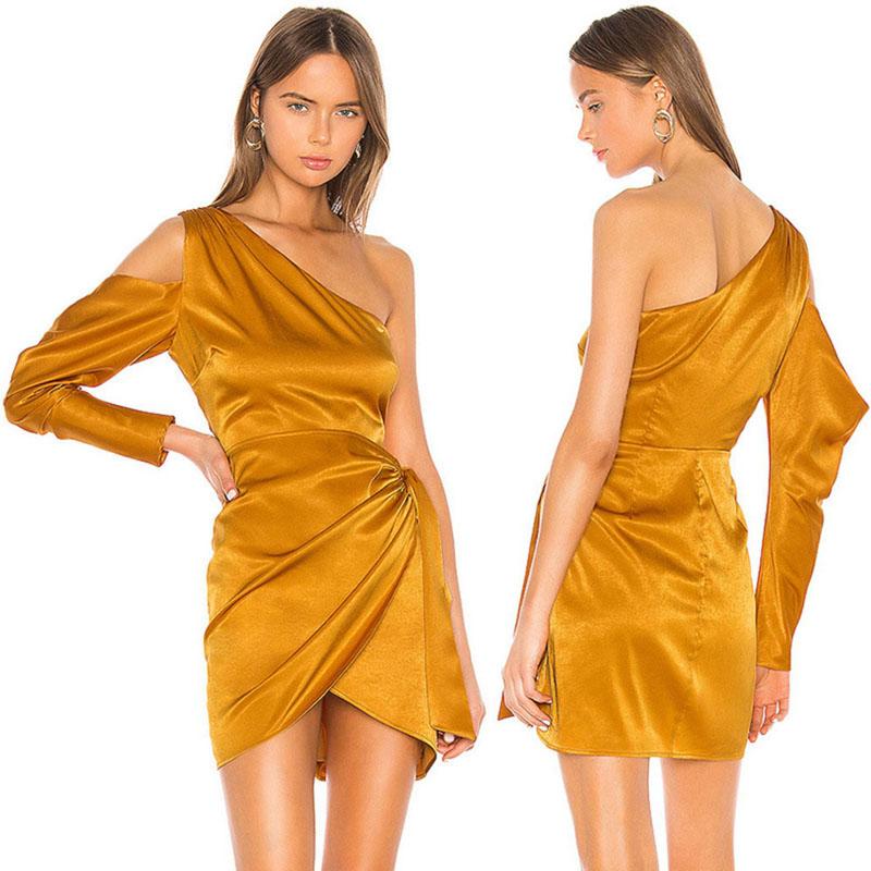 

Women's Summer Single Shoulder Lace Long Sleeve Irregular Swing Dress Sexy Dress, Gold