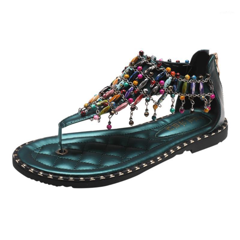 

Women's sequined pearl flip flops student sandals Open-Toe Beach Sandals Clip Toe Fringed Flat Back Zipper Shoes1, Green