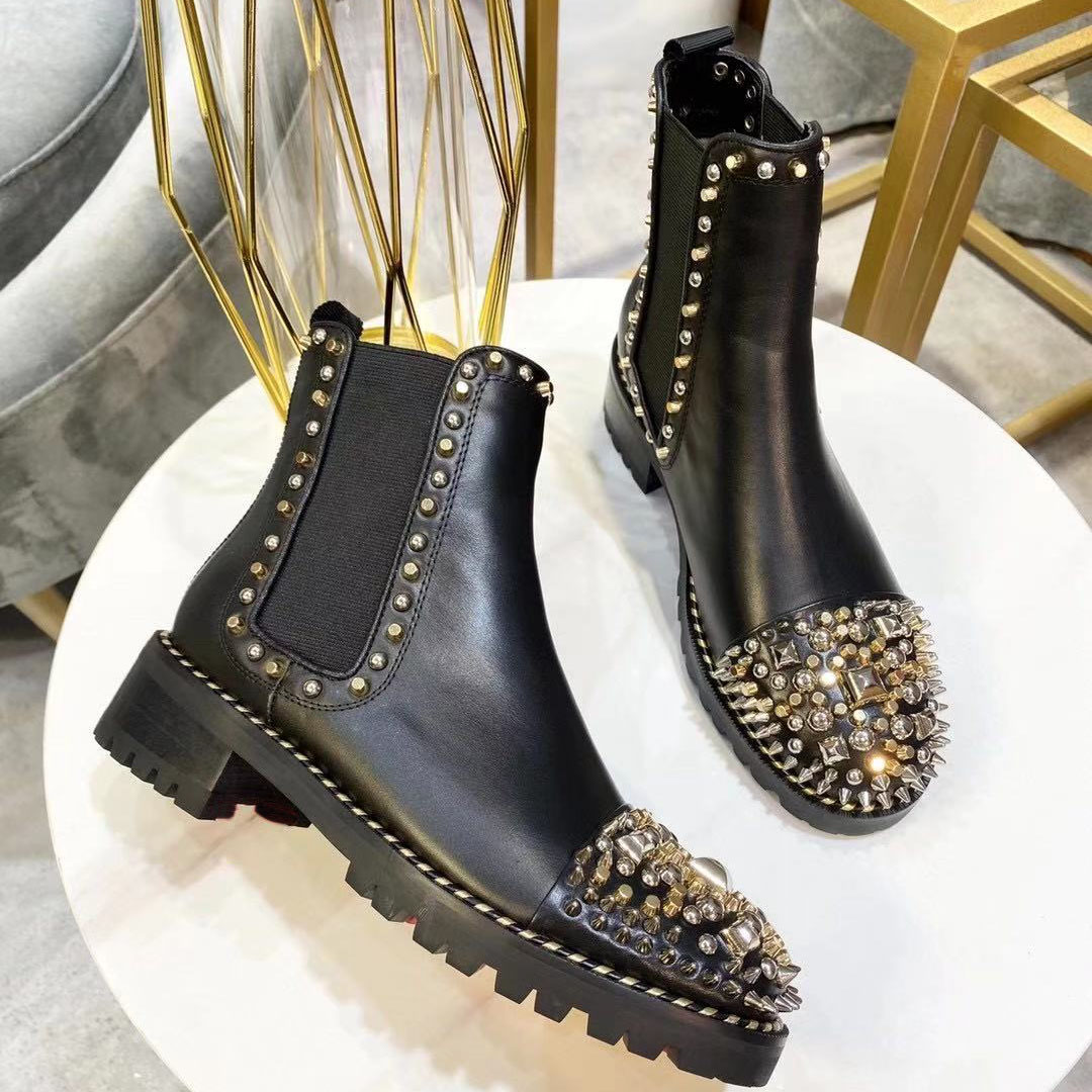 

Martin boots 100% cowhide women Shoes Classic Bee High heels Leather High heeled boots Fashion Diamonds Ladies short boots Large size 35-41, Black