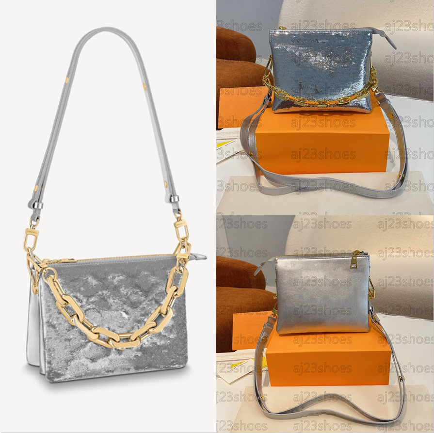 

COUSSIN BB Luxurys designers Bags embroidered with sequins shiny and matte shimmering bag chunky light gold chain adjustable strap Silver Night designer crossbody, 01