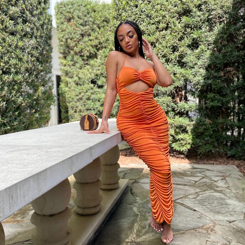 

Casual Dresses Hirigin Backless Draped Hollow Out Bodycon Sexy Club Maxi Dress Women Bandage Strap Party Summer Stacked Female Clothes, Blue