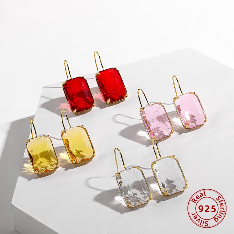 

Dangle & Chandelier 925 Sterling Silver Long Hook Earrings For Women Red/Yellow/Pink/transparent Crystal Geometric Drop Wedding Jewelry