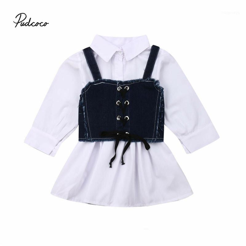 

2019 Baby Spring Autumn Clothing 1-6Y Fashion Toddler Kids Baby Girl Shirt Dress+ Denim Girdle Vest Long Sleeve A-Line Dress Set1, As pic