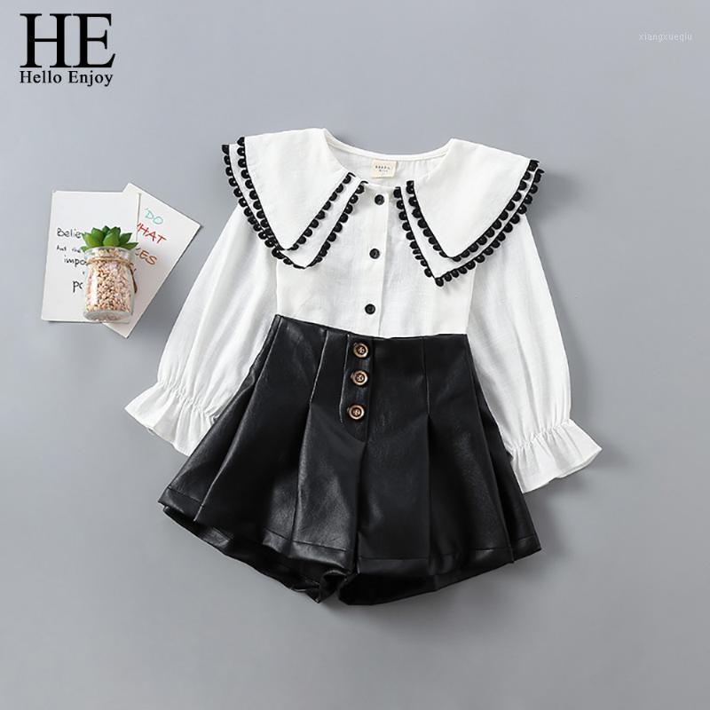 

HE Hello Enjoy Clothing Sets 2021 Autumn Kids Outfits Toddler Girl Cute Ruffle Costume Shirt and Short Leather Skirt Clothes 3-71, Beige