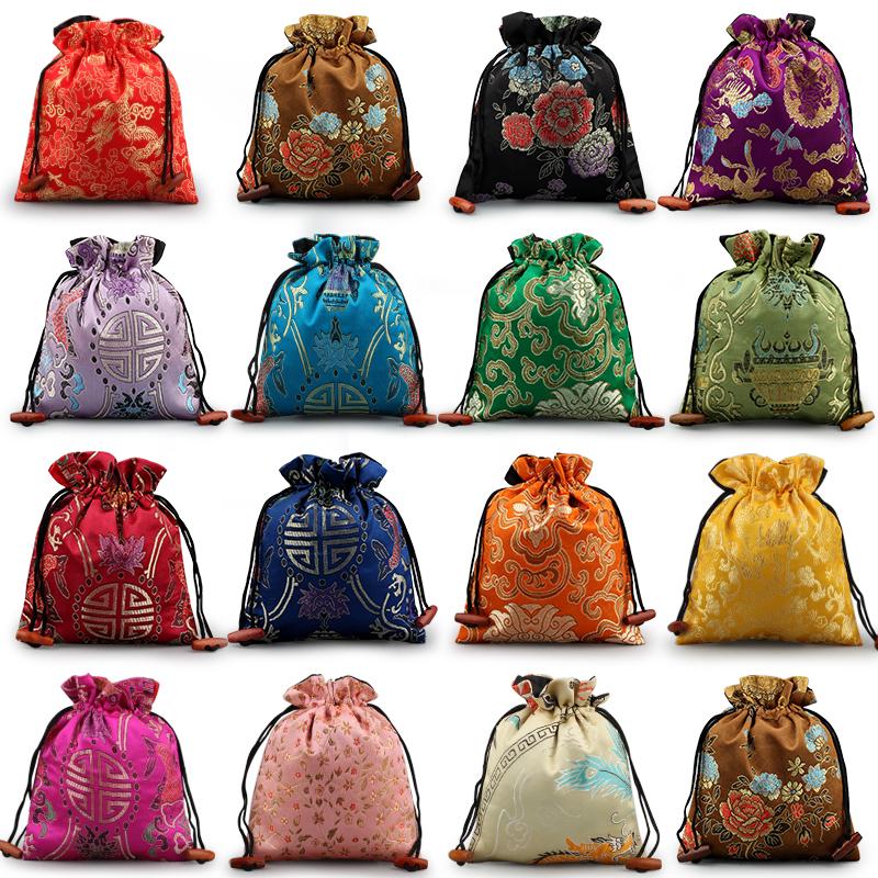 

High Quality Luxury Drawstring Bag Christmas Gift Bags Chinese Silk Brocade Jewelry Pouch Wedding Party Favor Bags 16x19cm 50pcs