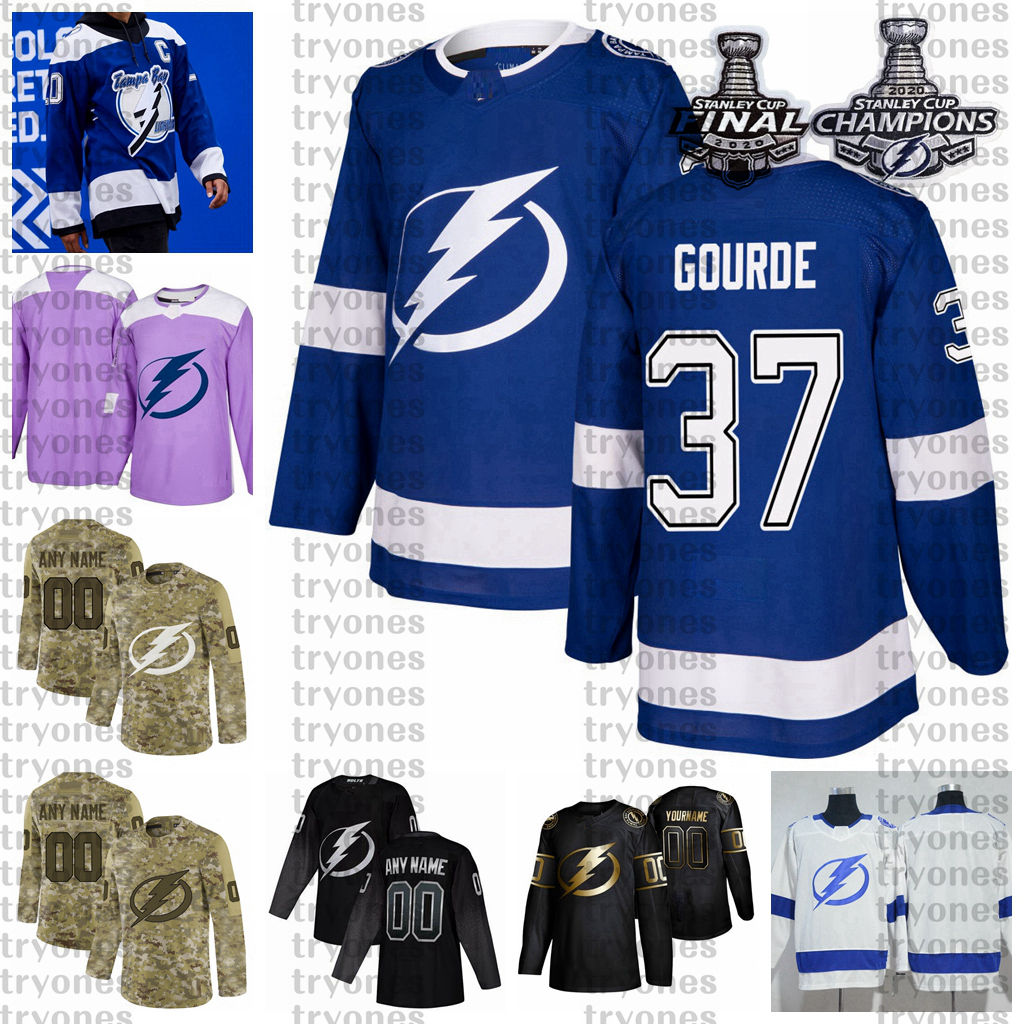 

2021 Reverse Retro Customize 37 Yanni Gourde Tampa Bay Lightning Champions Hockey Jersey Golden Edition Camo Veterans Day Fights Cancer, Blue