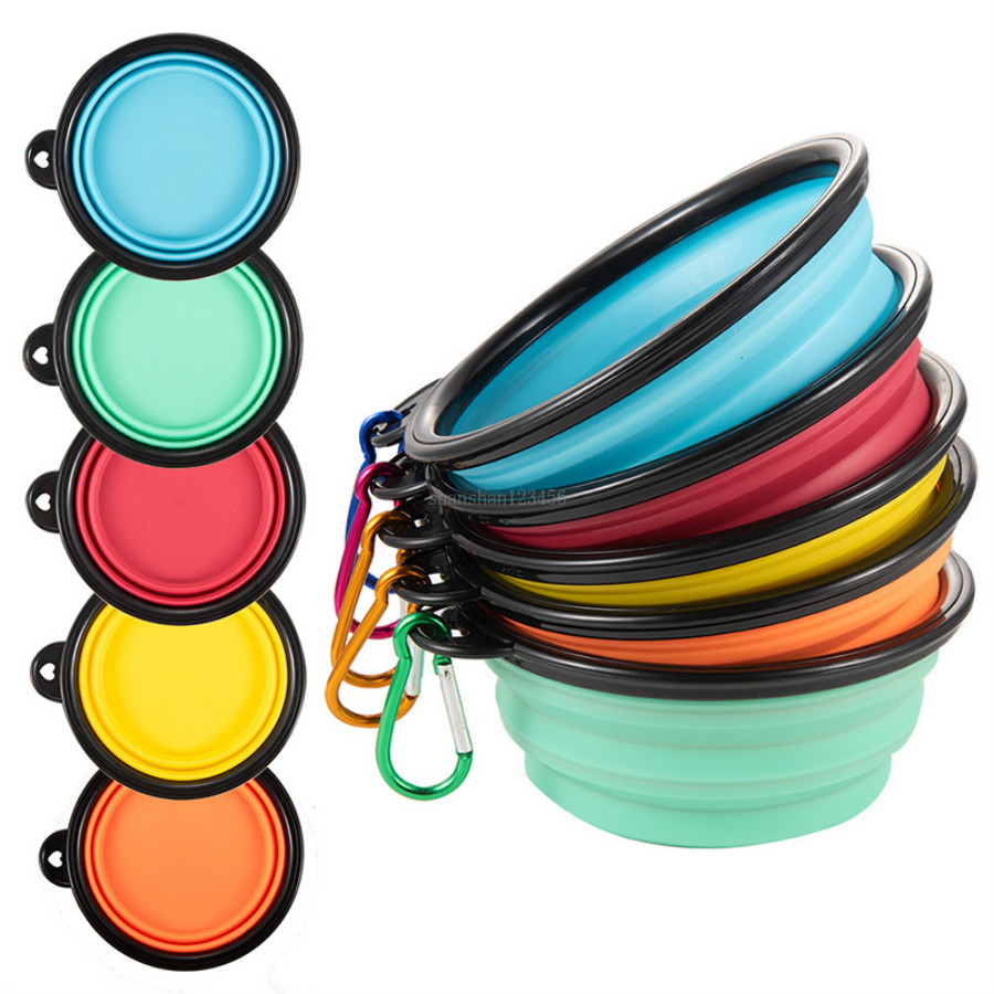 

Portable Dog Tableware Feeders Diners Food Bowls Silicone Fold Dog Bowls with Quickdraw Ring Pet Supplies Drop Ship