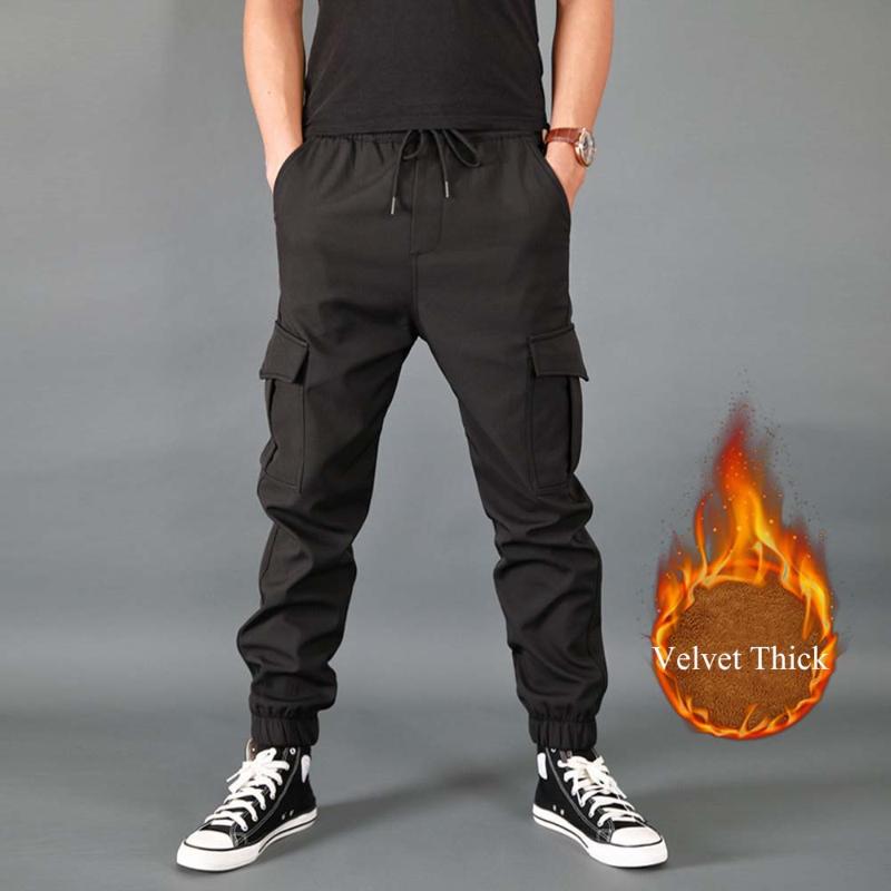 

Men Pants Thick Fleece Joggers Multi Pocket Loose Sport Trousers Male Casual Warm Sweatpants Cargo Pants, Black