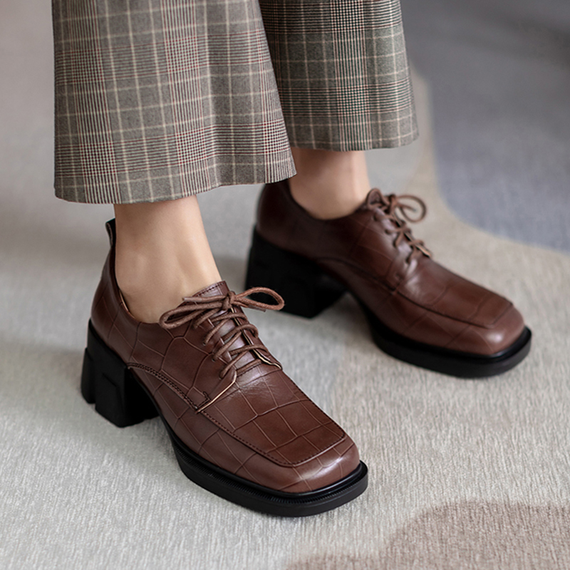 

2020 Female New Arrival Thick Toe Heels Square Foot Lace Up to Casual Ladies Genuine Black Leather Bombs Brown Women's Work Shoes 94p9