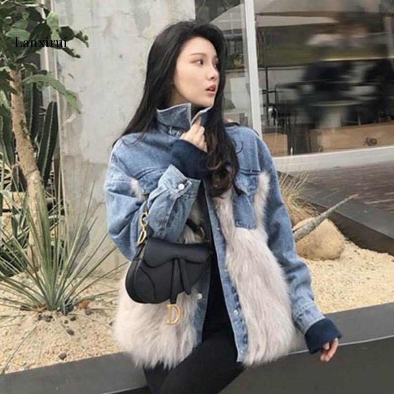

Patchwork Denim Coat For Women Lapel Fur Long Sleeve Vintage Loose Elegant Coats Female Fashion Clothing New Style, As picture