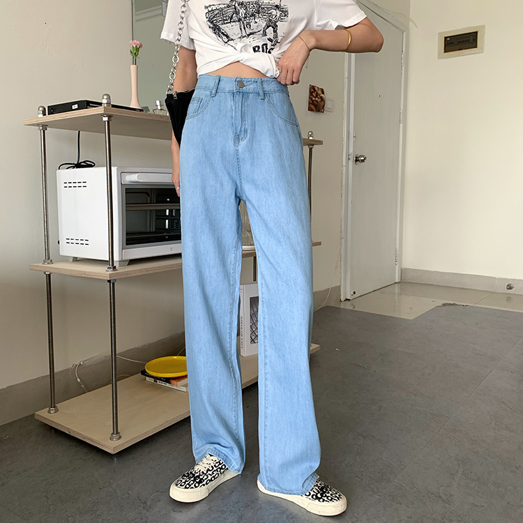 

2021 New Light Blue Washed Retro High Waist Straight Overalls Slim Long Loose Wide Leg Jeans Women Xcdg
