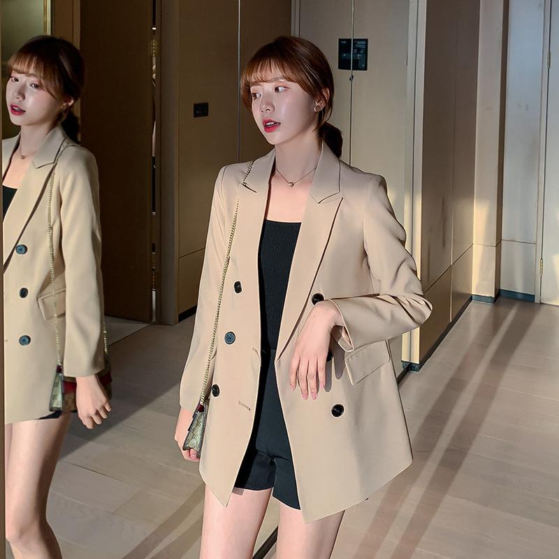 

Women Blazer Jacket Spring Coat Casual Double Breasted Notched Collar Female Loose Jackets Fashion Suits Outwear, Yellow