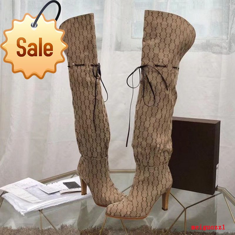 

Designer Women Boots Top Quality Genuine Leather Red Beige Canvas over the knee boot's Zipper Laces fashion luxury High Heel Womens Brand, Color 1