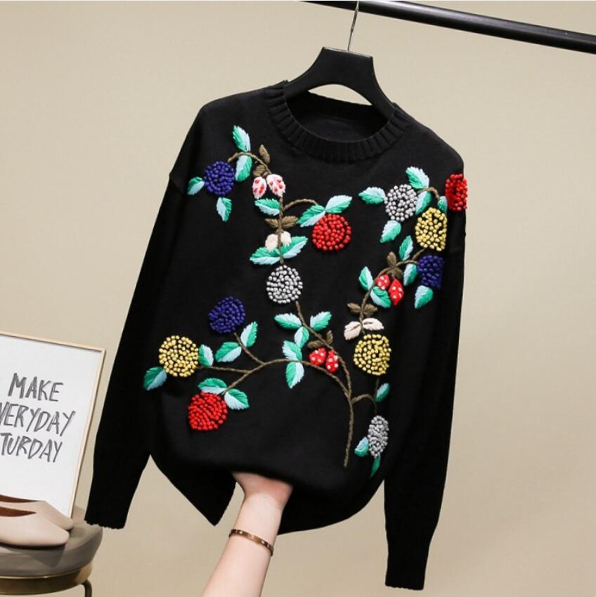 

2021 Autumn Three-dimensional Flower Embroidered Female Sweaters The-neck Long Sleeve Pullovers Jumper Tops P1904 P6bc, Black