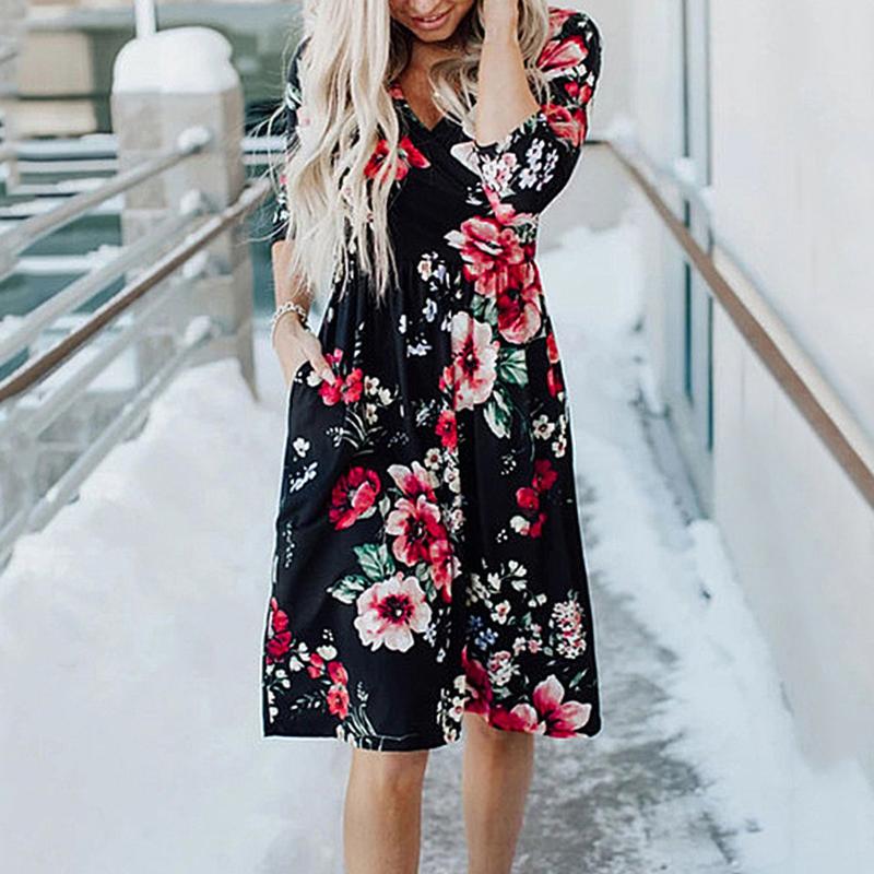 

Fashion Womens Floral Print Elegant Maxi Long Sleeve Knee-Length A-Line Dress womens floral dresses casual summer vestidos, Black