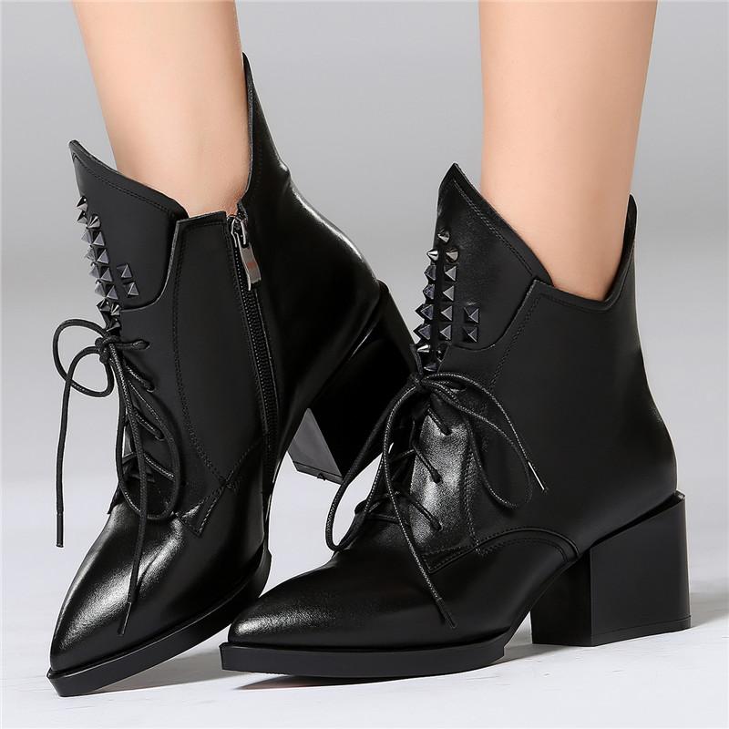 

British Style Fall Pointed High Heel Cow Leather Ankle Boots Cross-Tied rivet Women Shoes Flat Platform Short Booties Size 30-44, Black