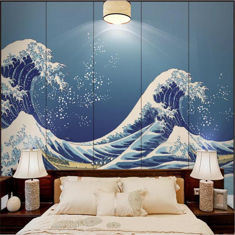 

Japanese Ukiyo-e Wave Blue Background Mural Wallpapers for Living Room Bedroom Sushi Restaurant Industrial Decor Wall Paper 3D, Canvas