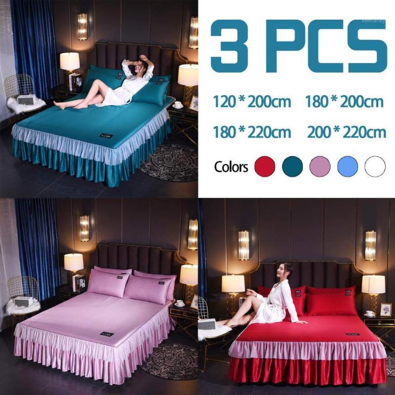 

3PCS Romantic Silk Bedding Sets Soft Smooth Bed Skirt With Bed Surface Pillowcase Home Textile Set  Queen King Size1, White