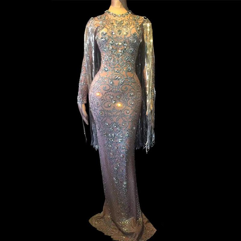 

Crystals Long Tassel Party Bodycon Dress Women Long Sleeves Prom Wedding Floor Length Rhinestones Dress Singer Stage