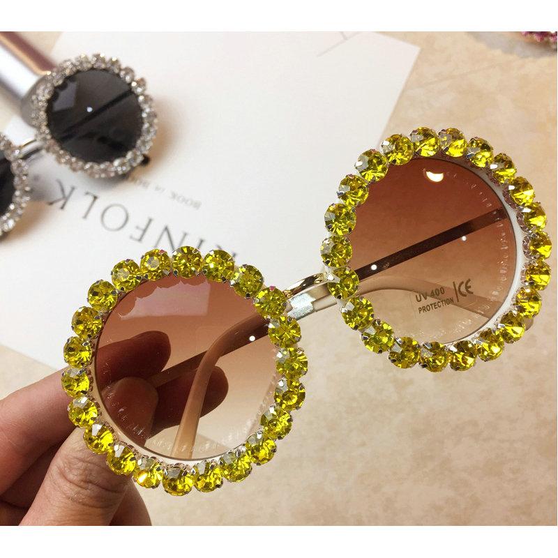 

MINCL 2020 Big Mens Sunglasses Round Shape Diamond Sun Glasses UV400 Oversized Yellow Lens Female Beach Eyeglass with Box NX