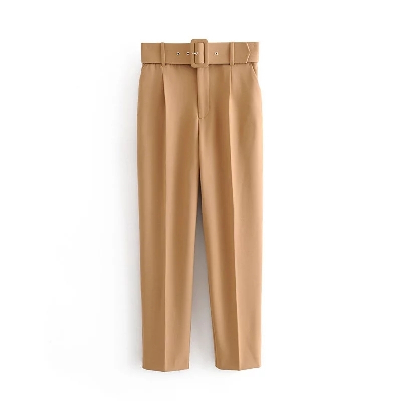 

Women Fashion 5 Colors Long ZA Straight Pants Autumn Female Khaki High Waist With Belt Casual Solid Cotton Trousers 201106, Yellow