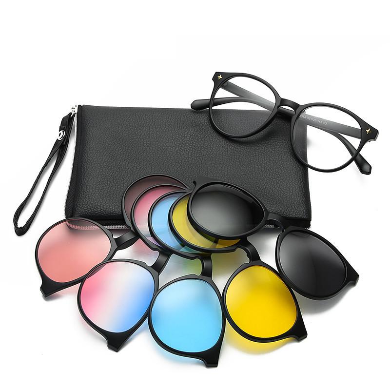 

Customized Polarized Magnetic Spectacle Frame with 5 Pcs Clip On Sunglasses Women Men Eyewear Set Myopia Optical Glasses