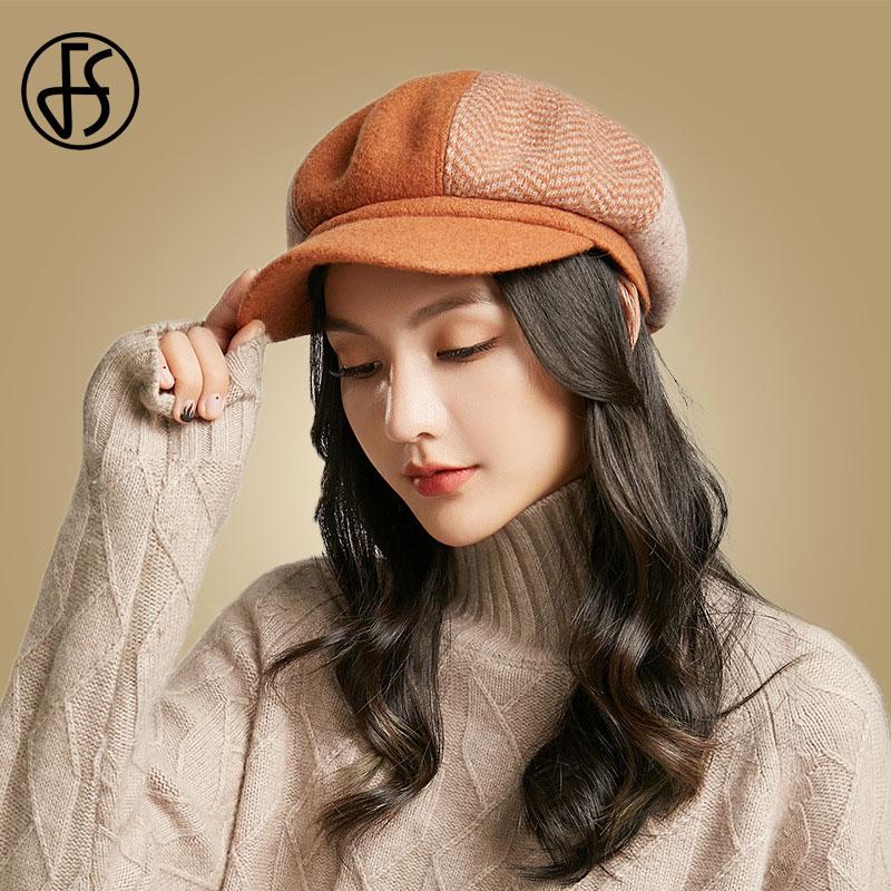 

FS Wool Hats For Women Berets Black Autumn Winter Thick Warm Female Wide Brim Newsboy Cap Ladies Beret Hat Warm Female Caps