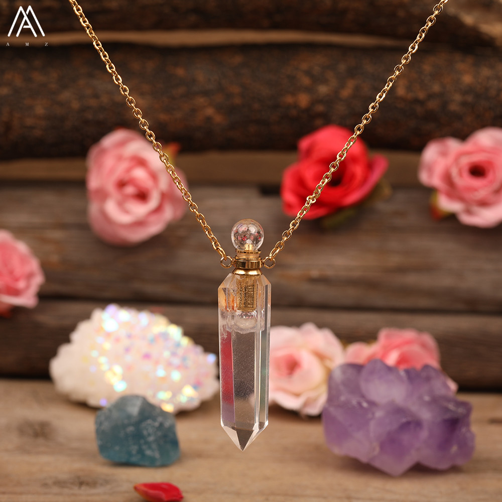 

Natural White Quartz Point Perfume Bottle Pendant Jewelry Faceted Gold Crystal Essential Oil Diffuser For Women Healing Jewelry Y0124