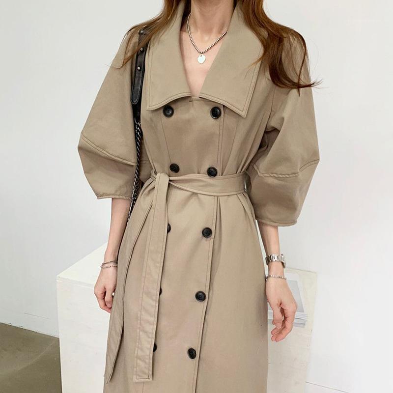 

Classic Casual Trench Coat Women Lapel Double-breasted Slim Five-Point Bubble Sleeves Straight Windbreaker Female Pocket E2051, Khaki