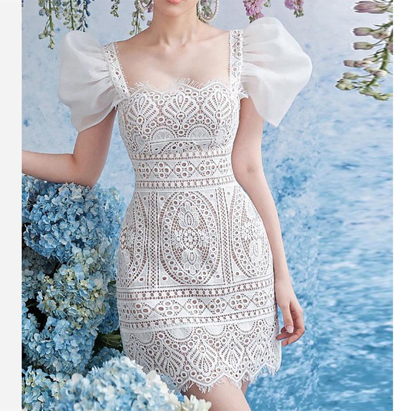 

Ordifree 2020 Summer Women White Lace Party Dress Puff Sleeve Elegant Lady Sexy Mini Dress