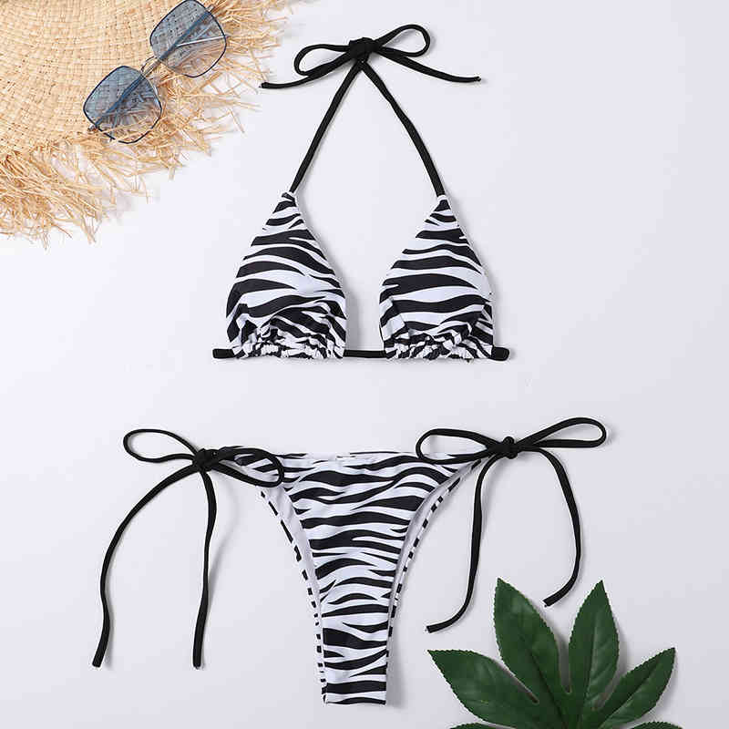 

Zebra Pattern Halter Bikini Set Swimwear Women Swimsuit Micro String Thong Bikinis Mujer Bathing Suit Beachwear Biquinis, White;black