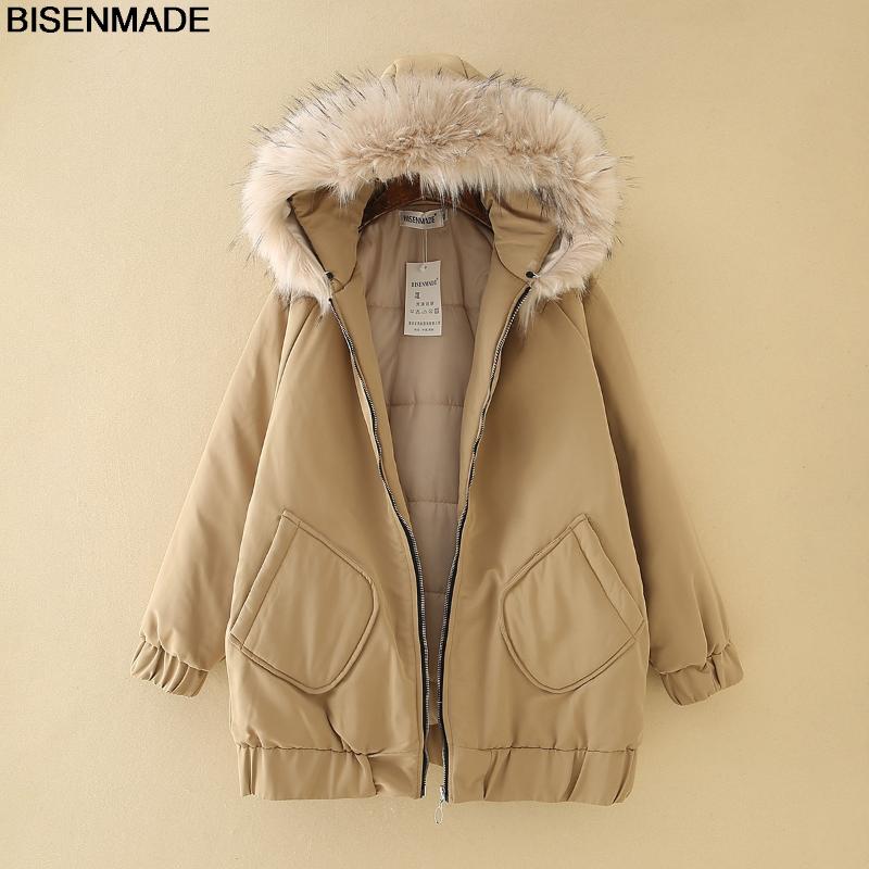 

BISENMADE Oversize Women's Parkas Winter Warm New 2020 Large Fur Collar Hooded Elastic Hem Down Cotton Coatjacket, Black
