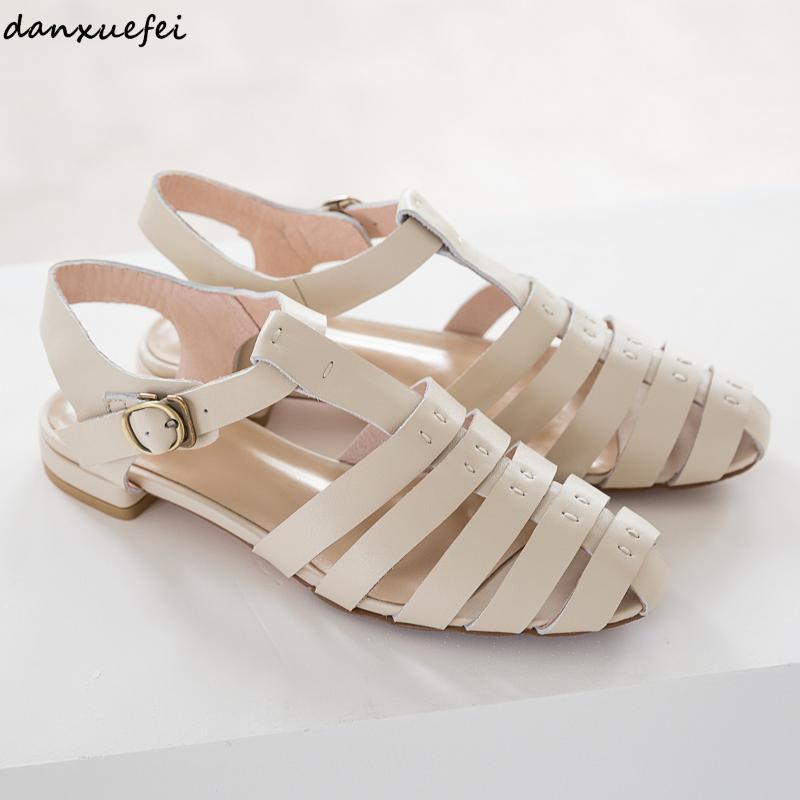 

Plus size 42 women's genuine leather narrow band summer flats gradiator sandals round toe leisure soft comfortable cage shoes1, Beige