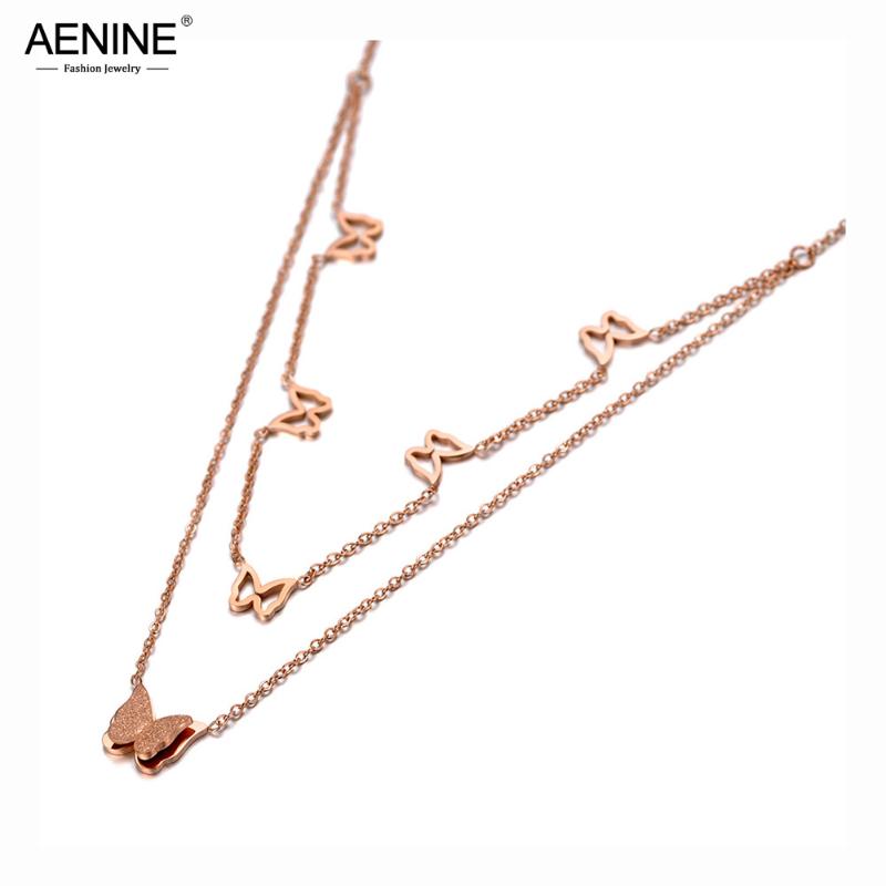 

Chokers AENINE Original Titanium Stainless Steel Double Layer Choker Necklaces Butterfly Animal Charm Jewelry For Women Girls AN20005