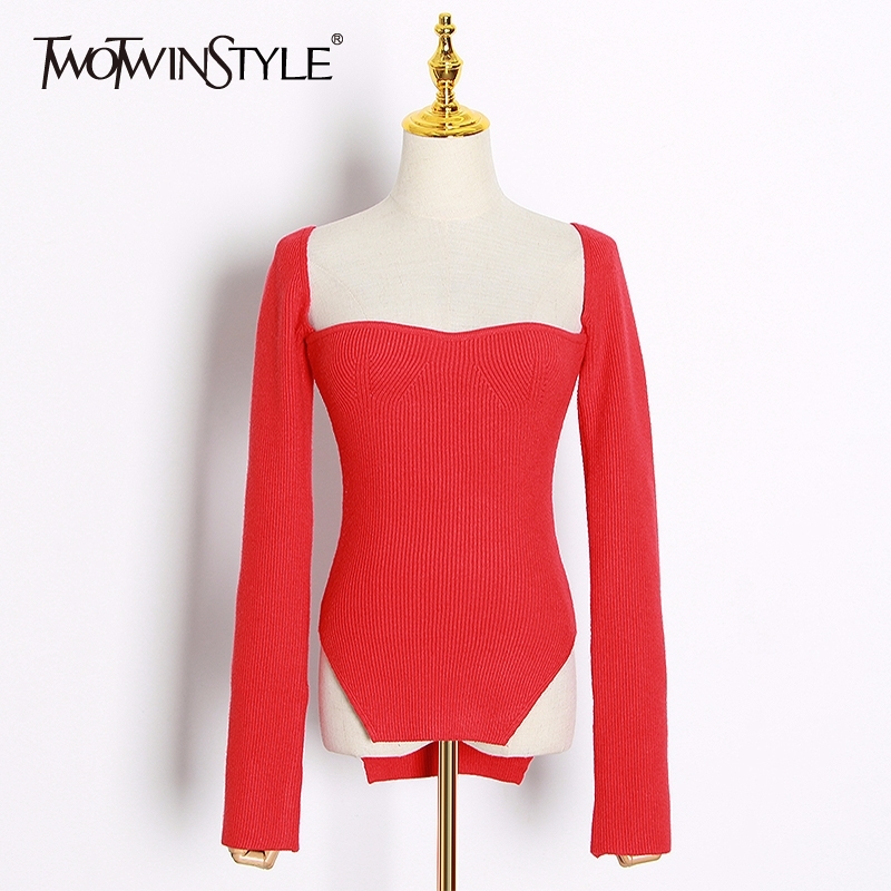

TWOTWINSTYLE Asymmetrical Sweater Knitted Tops Female Square Collar Long Sleeve Sexy Sweaters Women Fashion New Clothing 201111, Red