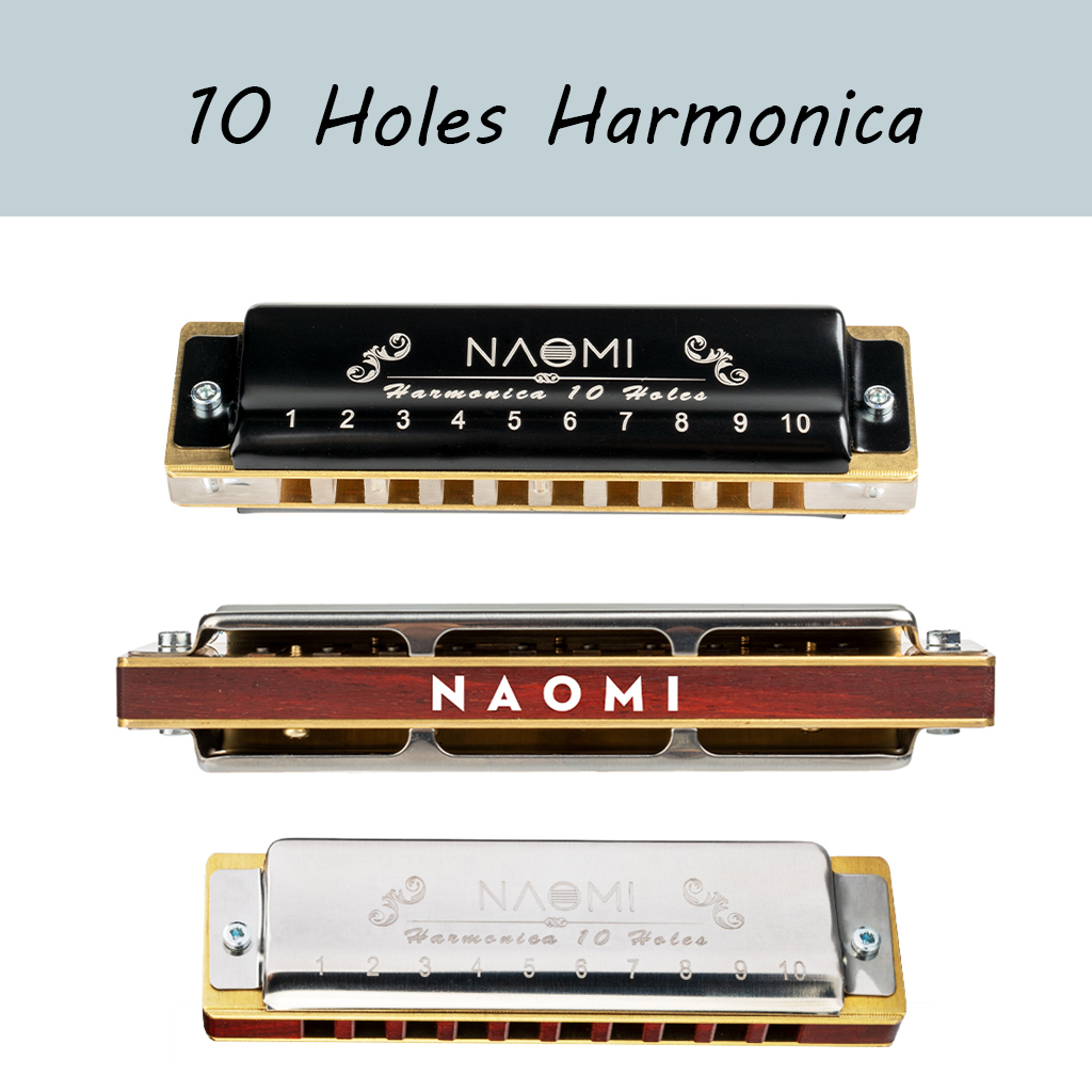 

NAOMI Professional Blues Harp 10 Hole Harmonica Bules Diatonic Harp Wooden body Key of C Christmas Gift