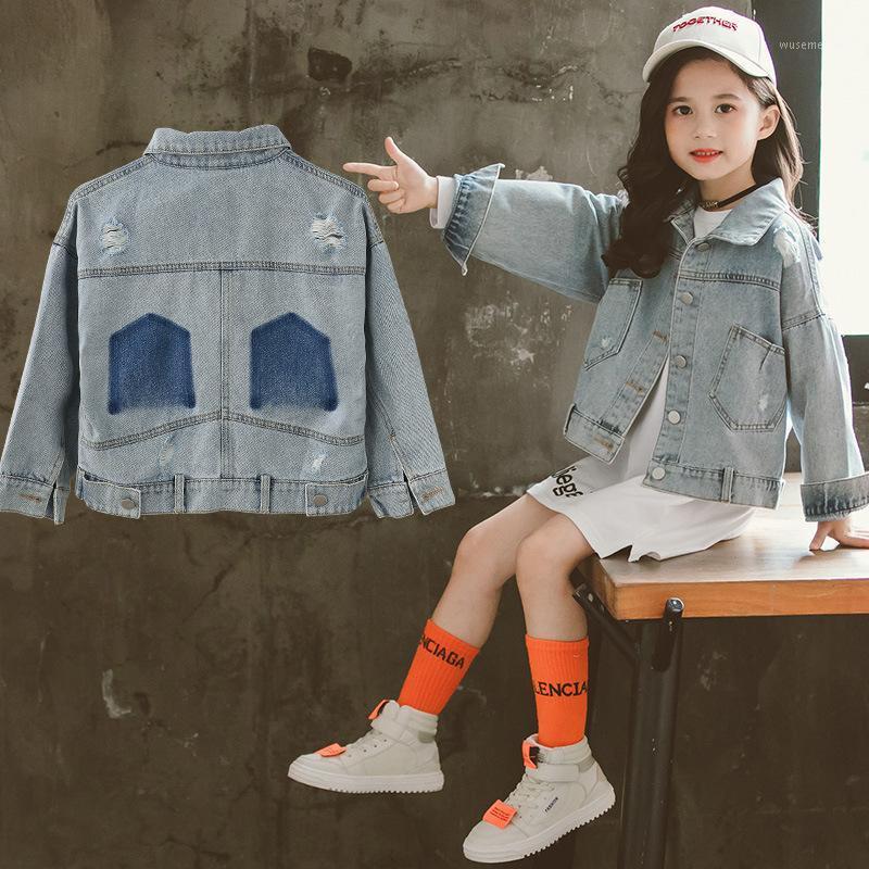 

newly girls fall outfits teenager 9 10 11 girls coat loose style kids clothes hole jacket girl denim jacket manteau fille1, Blue