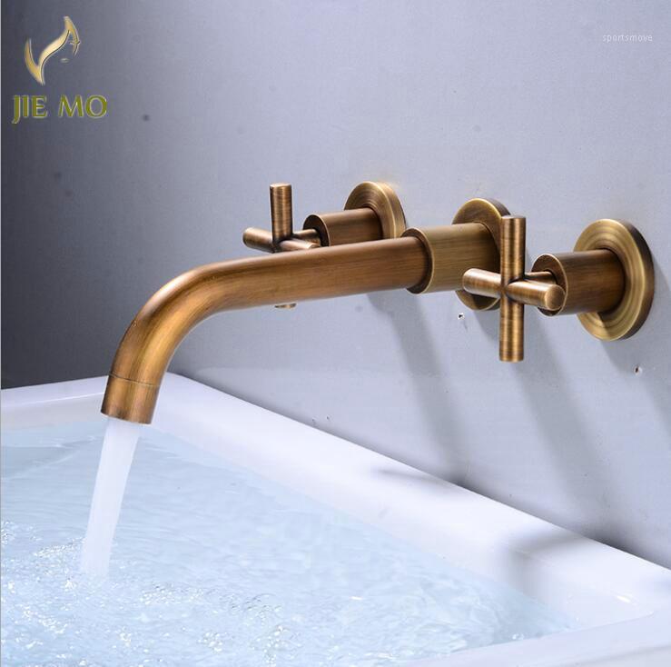 

Basin Faucet Wall Mount bathroom Gold Brass Bathroom Lavatory Sink Faucet Dual Handles Mixer bathtub Basin Tap1