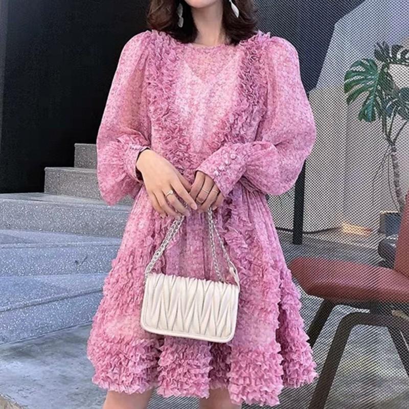

New arrival Runway Purple Floral Elegant Dress Women Lantern Sleeve Round Collar Ruffles Pleats Cake Sweet Dresses vestidos, As picture