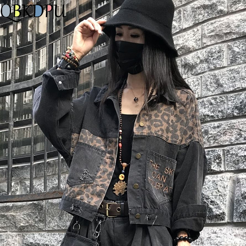 

Black leopard vintage women denim spring jacket harajuku punk jean jackets boyfriend loose pocket streetwear, Blake