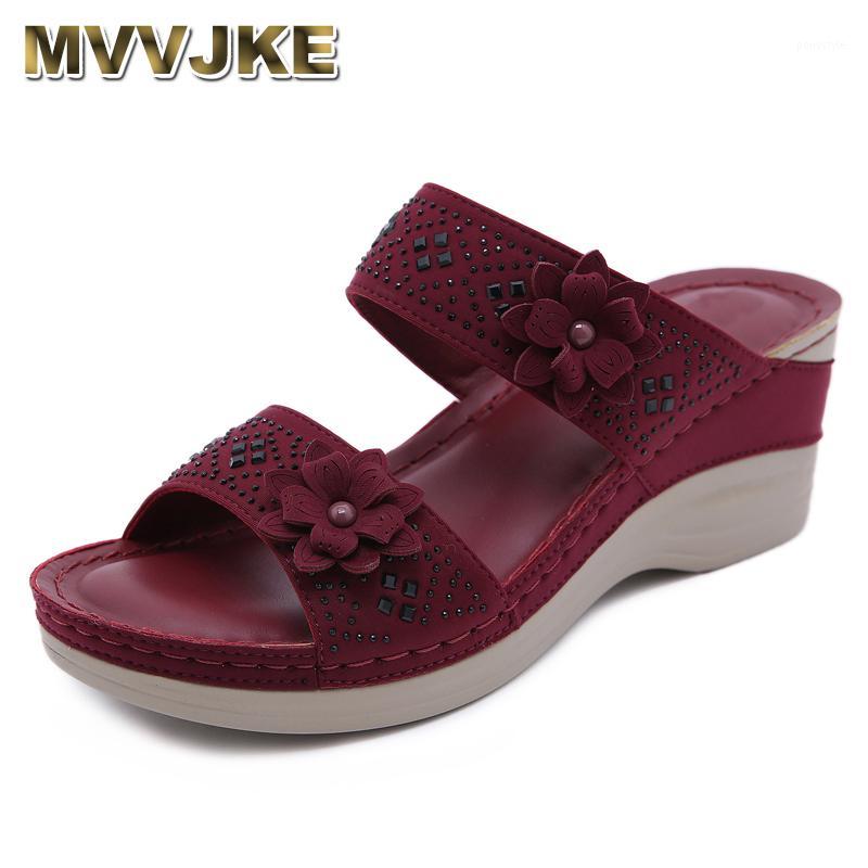 

MVVJKE 2020 New Summer Slippers For Women Color Matching Massage Low Large Size Flower Retro Slope With Comfortable Wild Word1, Deep blue
