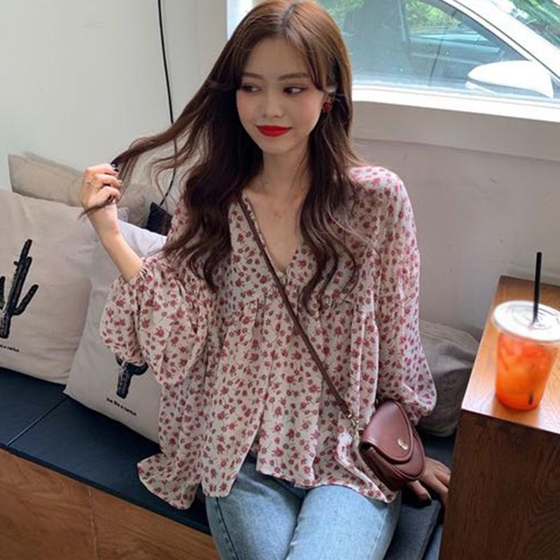 

Jlong Floral Long-sleeved Chiffon Shirt Autumn Women Thin V-neck Loose Wild Temperament Blouse and Tops, Pink