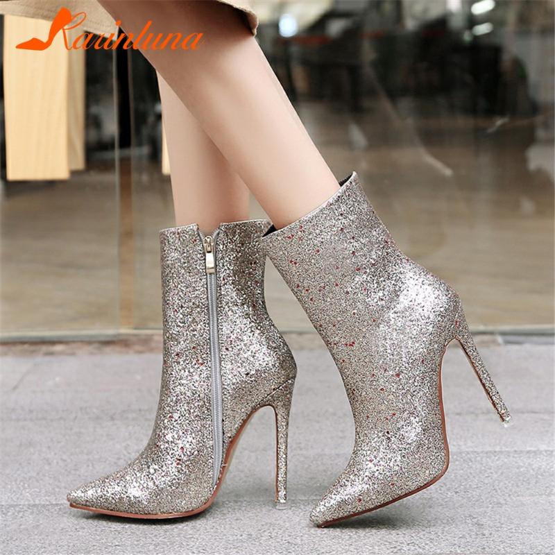 

Fashion New Brand Design autumn winter woman shoes Sequined Cloth Pointed toe Thin High Heels Zip Short Plush Ankle Boots, Black