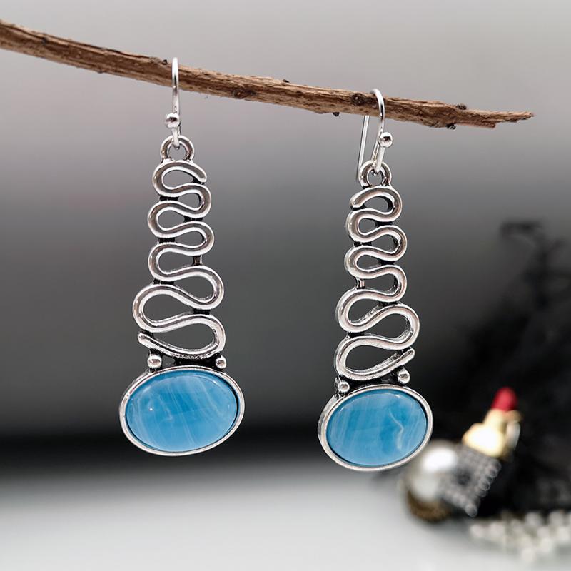 

Bohemian Blue Cloud Protein Stone Earrings Chinese Retro National Creative Wave Shaped Long Swing Earrings Anniversary Gift